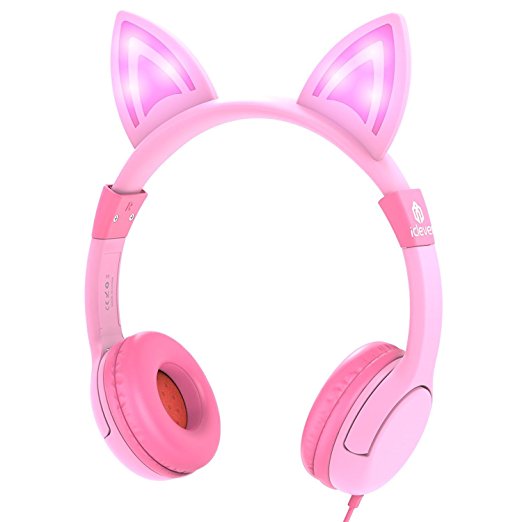iClever BoostCare Kids Headphones with Adjustable Lights Cat Ears, Wired Over Ear Headsets, 85dB Volume Limited, Food Grade Silicone, 3.5mm Jack (HS12), Pink