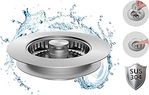 Hibbent All Metal Stainless Steel 3 in 1 Kitchen Sink Drain Strainer and Stopper Combo, Upgraded Sink Stopper, Anti-clogging Stainless Steel Basket Strainer with Handle for US Standard 3-1/2" Drain