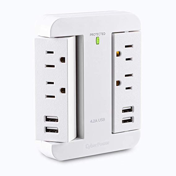 CyberPower P4WSU Professional Surge Protector, 900J/125V, 4 Swivel Outlets, 4 USB Charge Ports, White Wall Tap