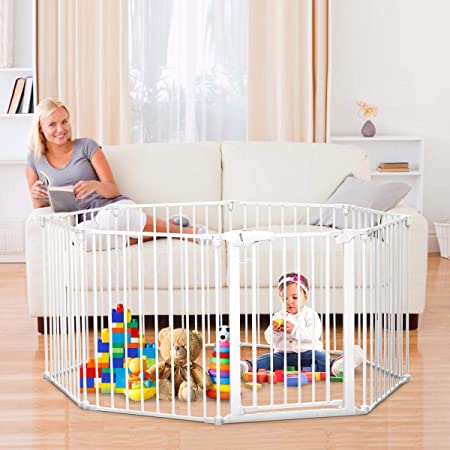 198 Inch-Baby Gate,KingSo Extra Wide Baby Gate Play Yard 8 Panel,Foldable and Detachable Safety Gate for Pet or Child,Auto Close Baby Gate for Stairs Doorways Barriers,Hardware Mount(30''Tall,White)