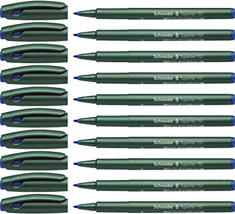 Schneider Topwriter 157 Fiber Tip Pen.8mm, Green Barrel, Blue Ink, Box of 10 (115703)