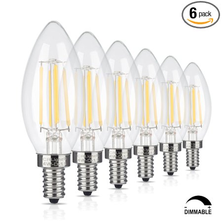 CRLight 4W Dimmable LED Filament Candle Light Bulb, 2700K Warm White 400LM, E12 Candelabra Base Lamp, C35 Torpedo Shape Bullet Top, Clear Glass Cover, 40W Incandescent Replacement, 6 Pack