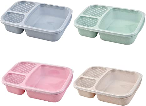 TIMESETL 4 Pack Meal Prep Containers, 3-Compartment Wheat Straw Bento Boxes, Meal Prep Containers Made of Rice Husk, Food Prep Containers for Kids and Adults