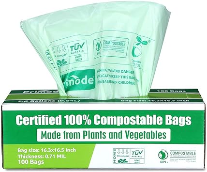 Primode 100% Compostable Bags 2.6 Gallon / 10 Liter Food Scraps Yard Waste Bags, Extra Thick 0.71 Mil. ASTMD6400 Biodegradable Compost Bags Small Kitchen Trash Bags, Certified By BPI And VINCETTE, (100)