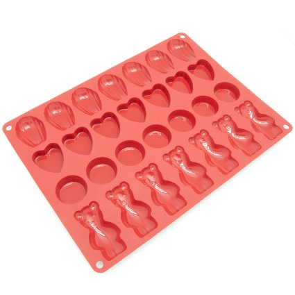 Freshware CB-106RD 28-Cavity Variety Silicone Mold for Homemade Madeleine Cookies, Chocolate, Candy, Gummy Bear, and More