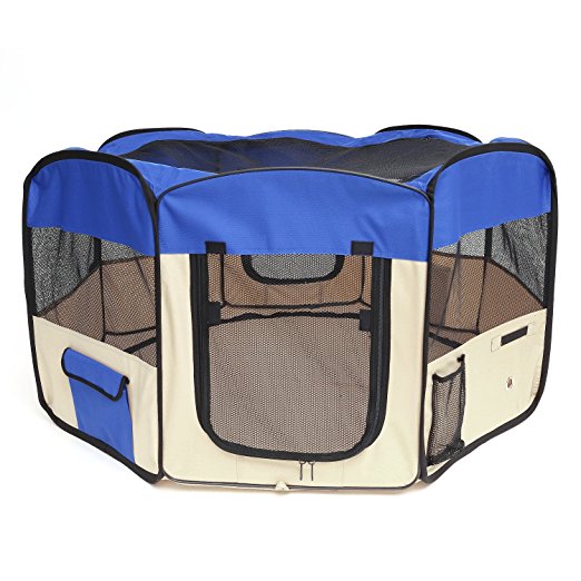 Pawaboo Dog Playpen, Zipper Sealed Bottom Portable and Foldable Soft Pet Playpen Tent Exercise Kennel for Puppy Cat Dog Crate with Carry Bag and Doors.
