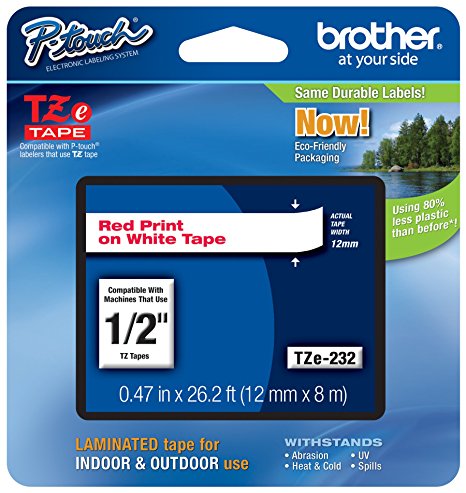 Brother P-touch ~1/2" (0.47") Red on White Standard Laminated Tape - 26.2 ft. (8m)