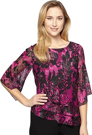 Alex Evenings Women's Plus Size Asymmetric Tiered Chiffon Blouse Shirt