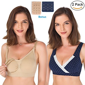 SHINYMOD Nursing Bra 2 Packs Maternity Wireless Seamless Breastfeeding Bras & 2 Bra Extenders