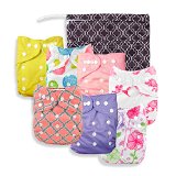 Baby Girl Cloth Pocket or Cover Diapers 7 Pack with 7 Bamboo Inserts and 1 Wet Bag in Modern Patterns by Noras Nursery