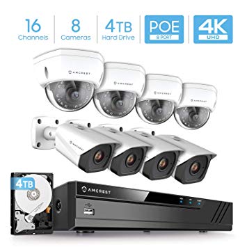 Amcrest 4K Security Camera System w/ 4K 16CH (8-Port PoE) NVR, (8) x 4K IP67 Weatherproof Bullet & Dome POE IP Cameras, 2.8mm Lens, Pre-Installed 4TB Hard Drive, NV4116E-2493EW4-2496EW4-4TB (White)