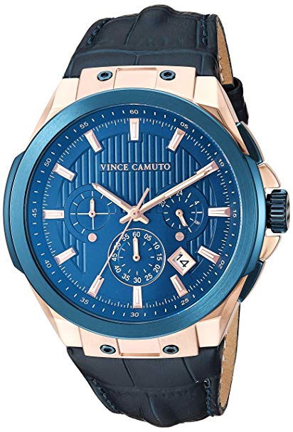 Vince Camuto Men's VC/1111NVRB Multi-Function Rose Gold-Tone and Navy Blue Croco-Grain Leather Strap Watch