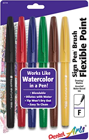 Pentel Arts Sign Pen Touch, Fude Brush Tip, Assorted Colors, Pack of 6 (SES15CBP6M)