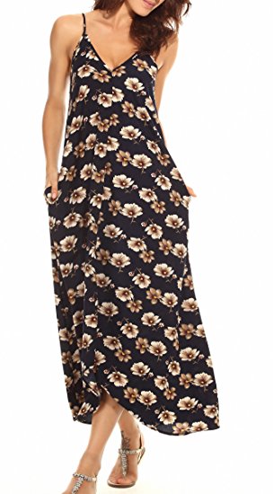 GRECERELLE Women V-neck Polka Dot Floral Print Spaghetti Strap Pocket Boho Long Maxi Dresses
