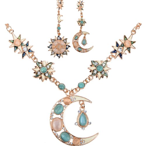 Imixlot Gold Plated Rhinestone Enamel Star Sun Moon Flower Pendant Necklace Dangle Earrings