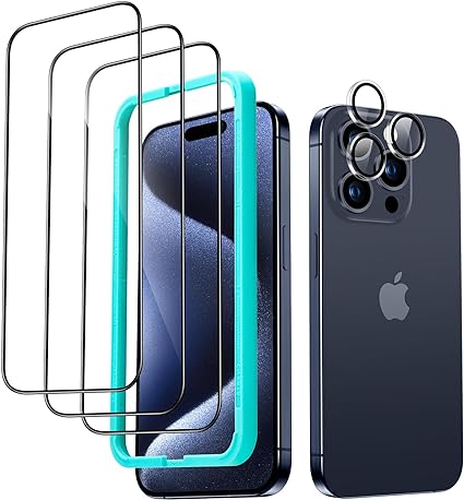 ESR for iPhone 15 Pro Max Screen Protector Set, 3 Tempered-Glass Screen Protectors and 1 Set Individual Lens Protectors, 2.5D Curved Edges, Full-Coverage Military-Grade Protection, Scratch Resistant