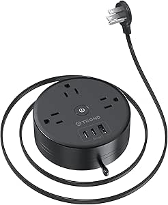 TROND Power Strip Flat Plug - Extension Cord 10FT Semi-Retractable, Power Strip with 3 AC Outlets 3 USB Ports (2 USB C), Ultra Thin Flat Plug, Cruise Ship Essentials, for Home, Hotel, Office