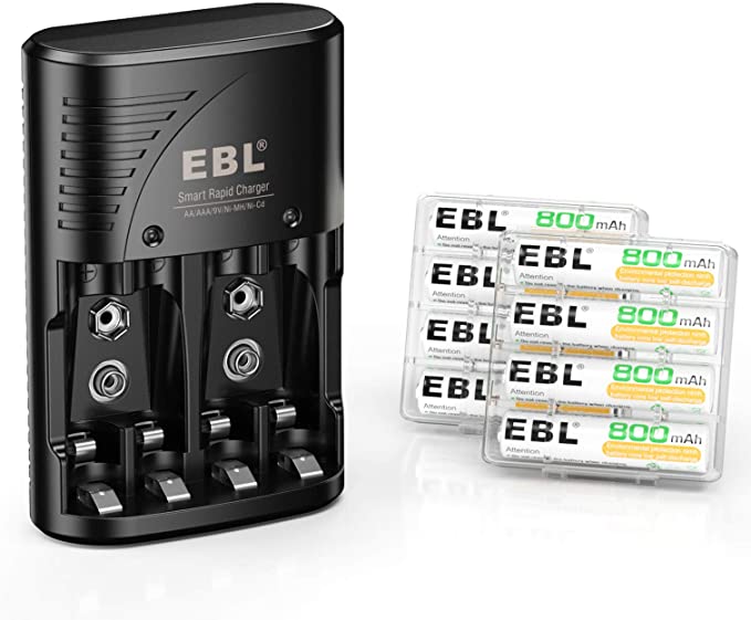 EBL Rechargeable AAA Batteries 800mAh (8 Packs) with Smart Rapid Battery Charger with AC Wall Plug for AA AAA 9V Ni-MH Ni-CD Rechargeable Batteries