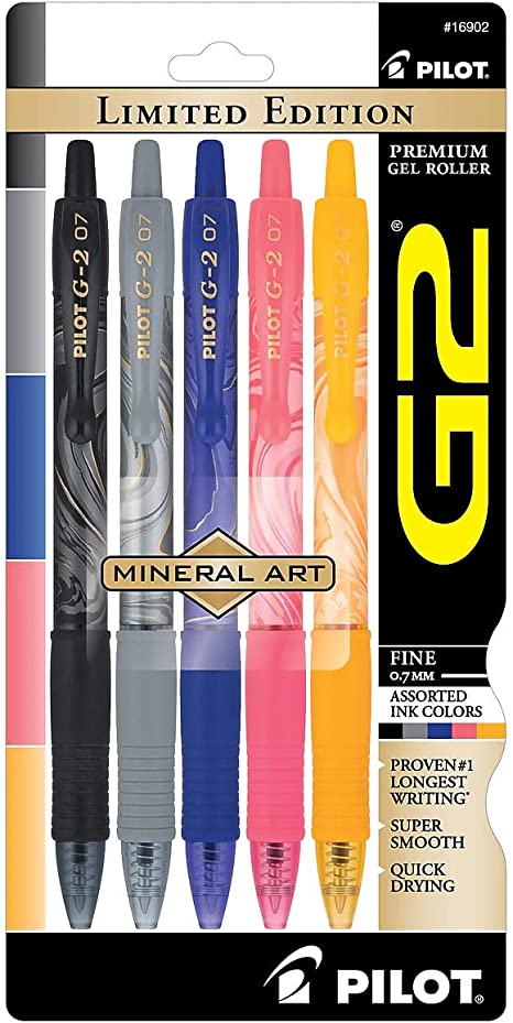 Pilot G2 Mineral Art Limited Edition Retractable Gel Pens, Fine Point, Assorted Ink, 5/Pack