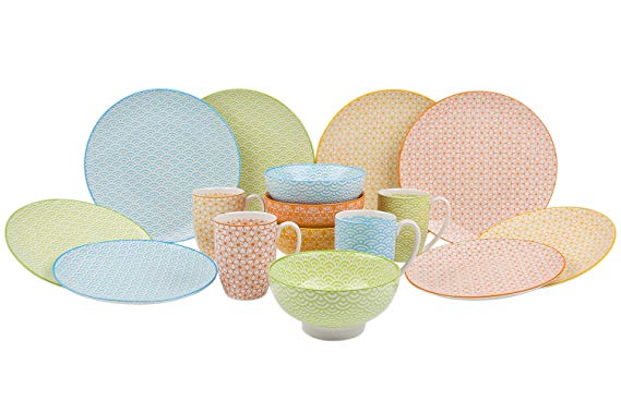 VANCASSO Porcelain Dinnerware Set of 4, Colors Patterned Service Set Series of Natasuki with Cups Bowls Dessert Plates and Dinner Plates for Everyday Use, 16-Piece …