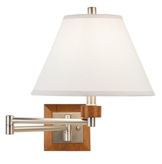 Brushed Steel and Wood Plug-In Swing Arm Wall Lamp