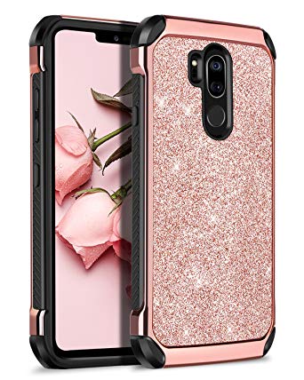 BENTOBEN Case for LG G7 ThinQ, Case for LG G7, Heavy Duty 2 in 1 Hybrid Hard PC Soft TPU Laminated Shiny Faux Leather Chrome Shockproof Cover Protective Phone Case for LG G7/LG G7 ThinQ, Rose Gold