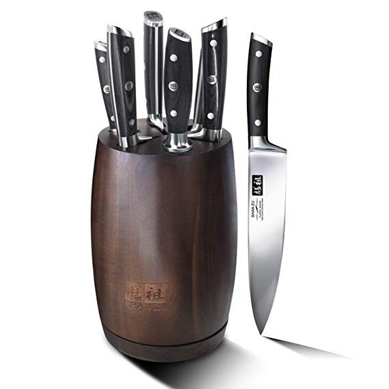 SHAN ZU Kitchen Knife Set Block Sets with Knives Premium Acacia Wood Swivel Knife Holder with 6 Slots for 5 Knives and 1 Knife Honing Rod
