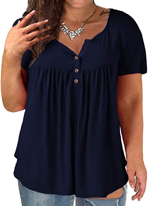 VOGRACE Plus-Size Tops for Women Summer Henley Shirts Flowy Tunics Tee