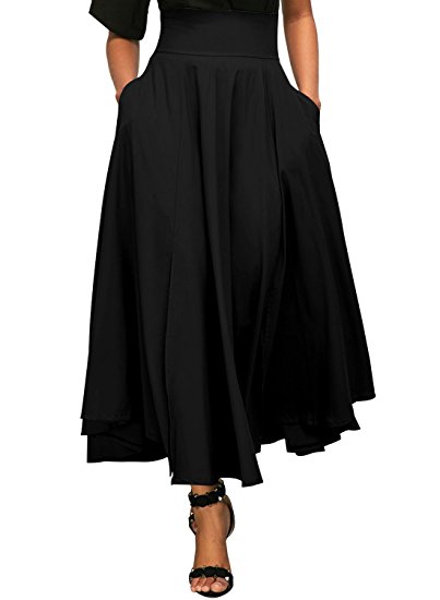 Annflat Women's High Waist Pleated A Line Long Skirt Front Slit Belted Maxi Skirt S-XXL