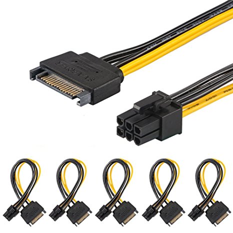 [5 Pack] J&D SATA 15 Pin to 6 Pin PCI Express (PCIe) Graphics Video Card Power Cable Adapter (20 cm)