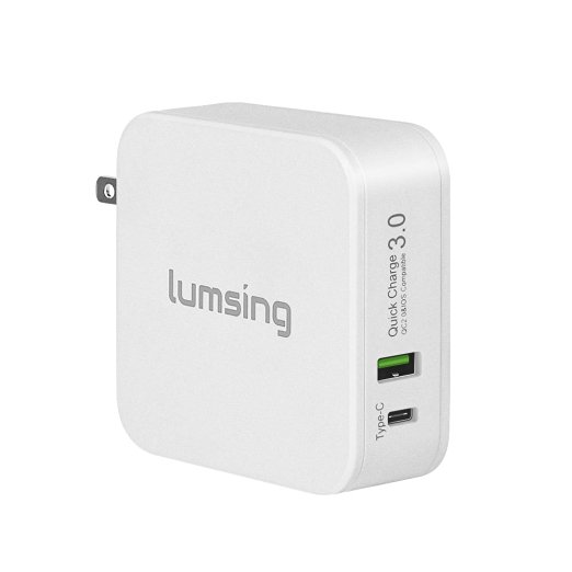 Lumsing 48W dual port Quick Charge 3.0 and Type-C Wall Charger with Foldable plug for Apple Macbook, Google Nexus 6P, HTC 10, Galaxy S7, LG G5 and more