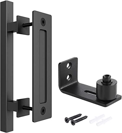 SMARTSTANDARD Heavy Duty 12" Barn Door Handle Set with Adjustable Barn Door Floor Guide for Gates Garages Sheds Furniture, Square