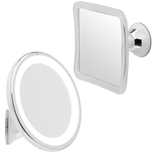 Mirrorvana 5X Magnifying Cosmetic Mirror with LED Lights Bundle with Bonus Mirrorvana Fog Resistant Shaving Mirror (2 Suction Cup Mirrors Total)