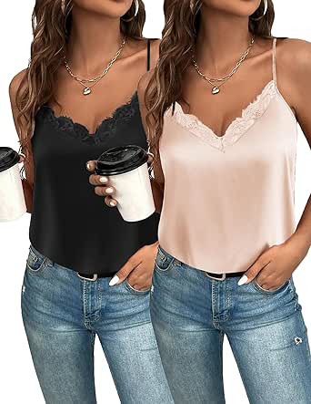 Zeagoo Camisole Tops for Women Slik Satin Spaghetti Strap Tank Top Lace V Neck Cami 2 PCS