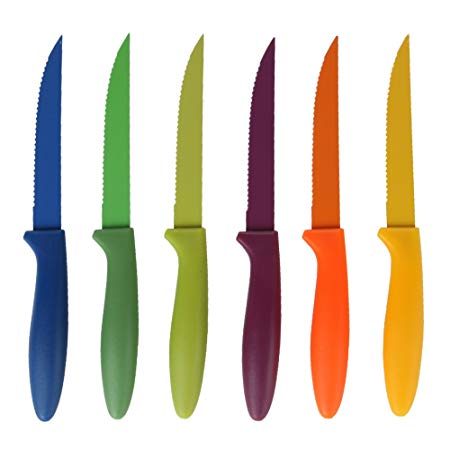 Home-X – Multi-Color Stainless Steel Steak Knives (Set of 6), Durable Premium Stainless Steel Serrated Blades Easily Slice Through Foods, Colorful Design Makes Eating Fun for the Whole Family