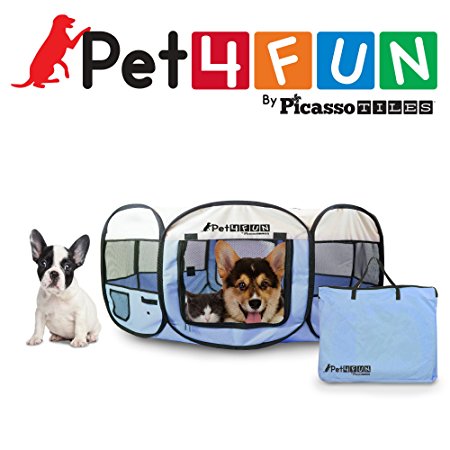 PET4FUN PN935 35" Portable Pet Puppy Dog Cat Animal Playpen Yard Crates Kennel w/ Premium 600D Oxford Cloth, Tool-Free Setup, Carry Bag, Removable Security Mesh Cover/Shade, 2 Storage Pockets(Blue)
