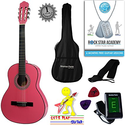 Left Hand Acoustic Guitar Package 3/4 Sized (36' inch) (Age 7 to 11) Classical Nylon String Childs Guitar Pack Pink
