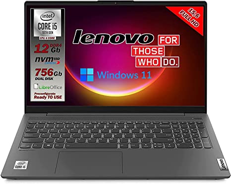 Notebook Lenovo SSD Intel i5 10th 4 Core, Display FULL HD 15,6, Ram 12Gb DDR4 , SSHD da 756Gb, wifi, Bt, usb, Win11 Pro, Libre office, preconfigurato e pronto all'uso, Garanzia e layout Italia