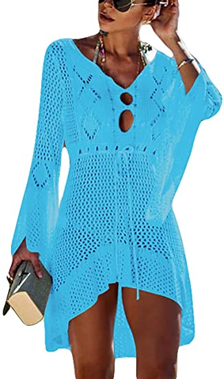 Bsubseach Women Crochet Swimsuit Cover Up Hollow Out Flare Sleeve Beach Dress