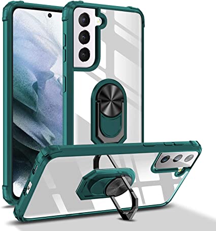 Newseego Compatible with Samsung Galaxy S21 Case 6.2 Inch, with 360° Rotating Ring Holder Finger Kickstand Work with Magnetic Car Mount Shockproof Protective Clear Hard Cover-Green