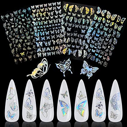 Holographic Butterfly Nail Art Sticker, KISSBUTY 4 Sheets Silver Butterfly Nail Decals Gummed Laser Butterflies Nail Adhesive Stickers Holographic Silver Butterfly Nail Art Decor Butterfly Manicure