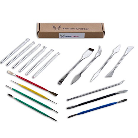 Skilled Crafter Pottery Tools. Clay Modeling & Sculpting Set. 28 Stainless Steel & Aluminum Tools in 17 Piece Set. Professional Quality. Best for Clay, Sculpey, Polymer, Ceramics, Dough, Wax, Fondant