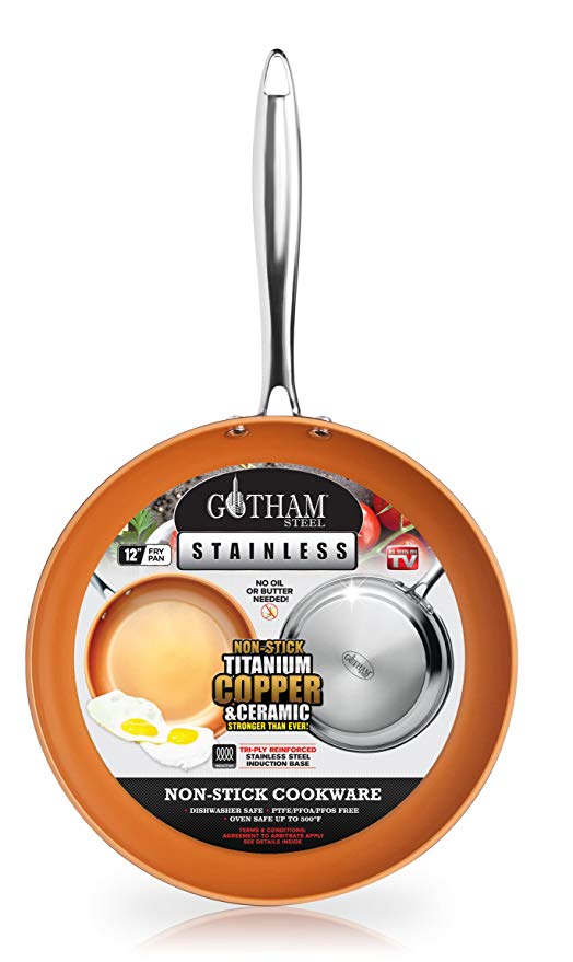 Gotham Steel Stainless Steel Premium 12” Frying Pan, Triple Ply Reinforced with Super Nonstick Ti- Cerama Copper Coating and Induction Capable Encapsulated Bottom – Dishwasher Safe