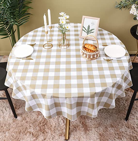 YADA Checkered Vinyl Flannel Backed Tablecloth Waterproof Oil-Proof Stain-Resistant Wipeable PVC Table Cloth for Restaurants Picnic Dining Table Cover Used Indoor/Outdoor(Coffee 60’’ Inch Round)