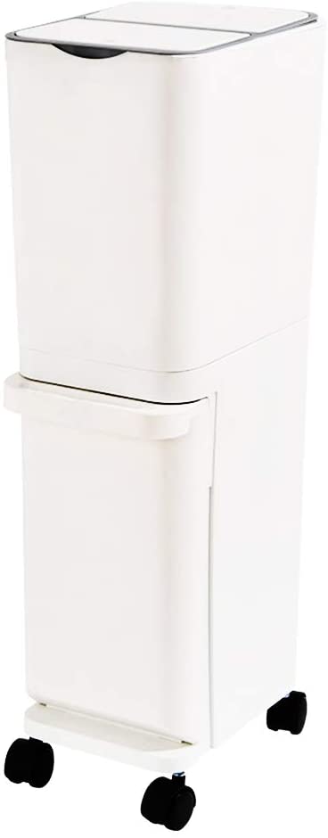 DeHome Small Plastic Double Kitchen Trash Can with Press Open Lid, Cute Compact Slim Dual Recycling Bins with Wheels, Simple Vertical Rectangular Waste Separation Trash Can 8.5 Gallon. (White)