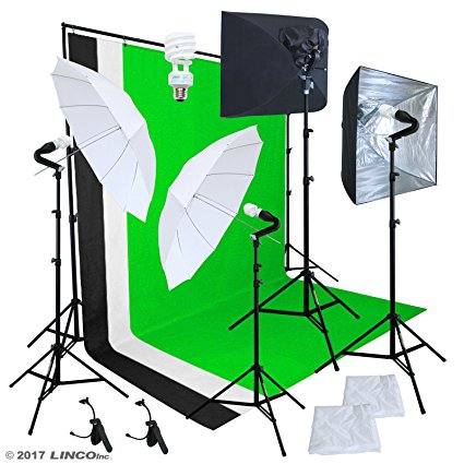 Linco Pheno Studio Lighting Studio Softbox Umbrella Reflector (3 in 1) Photography 9x10 feet Backdrop Stand Kit with 3 Color Muslin & Clamps