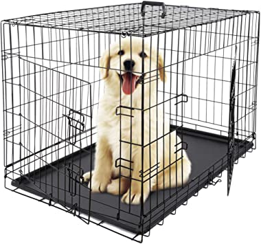 ZENY 36 inch Dog Crate Double Door Folding Metal Dog or Pet Crate Kennel with Tray and Handle