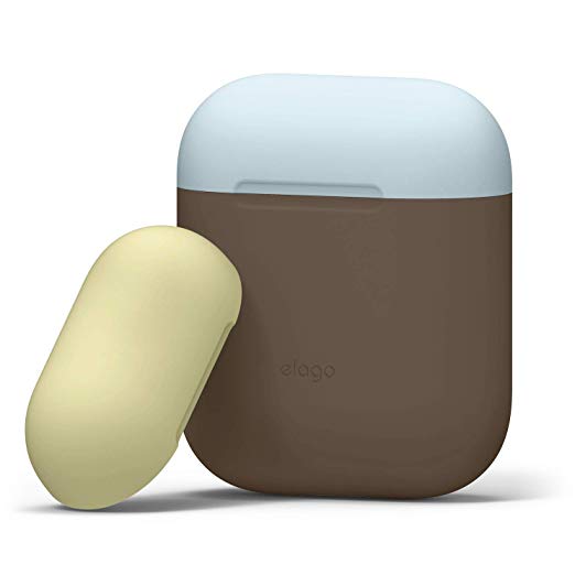 elago AirPods Duo Case [Body-Dark Brown/Top-Pastel Blue, Yellow] - [Extra Protection] [Hassle Free] - for Apple AirPods