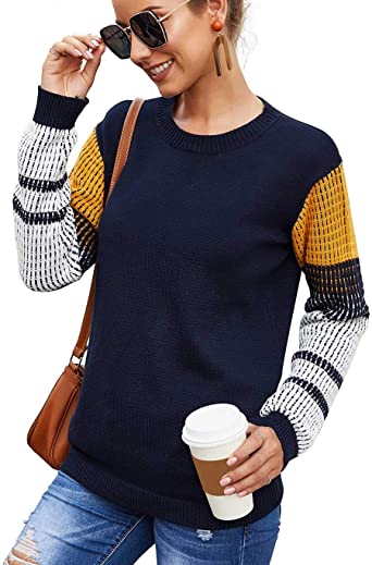Koitmy Women's Cute Contrast Sleeve Knitted Pullover Sweater