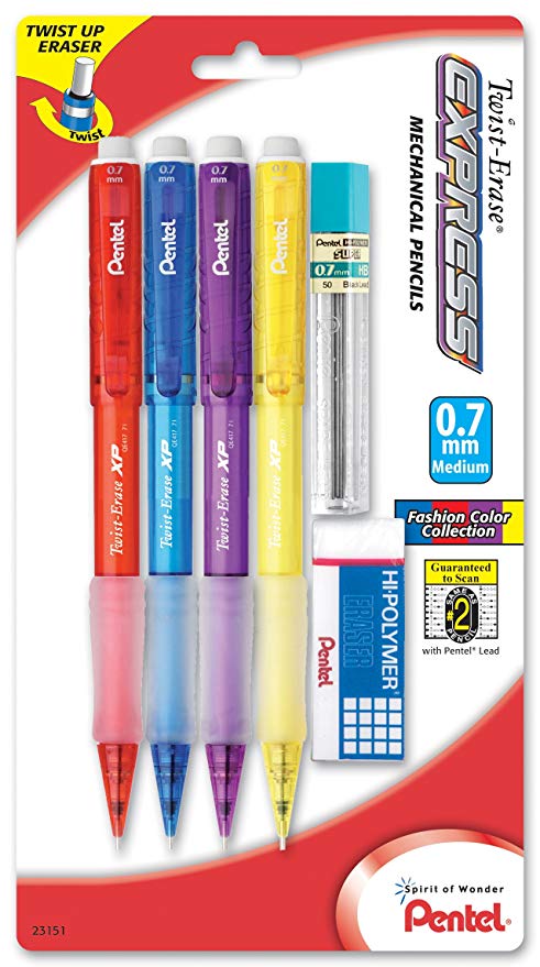 Pentel Twist-Erase EXPRESS Mechanical Pencil, 0.7mm, Assorted Fashion Barrels (QE417FLZBP4)